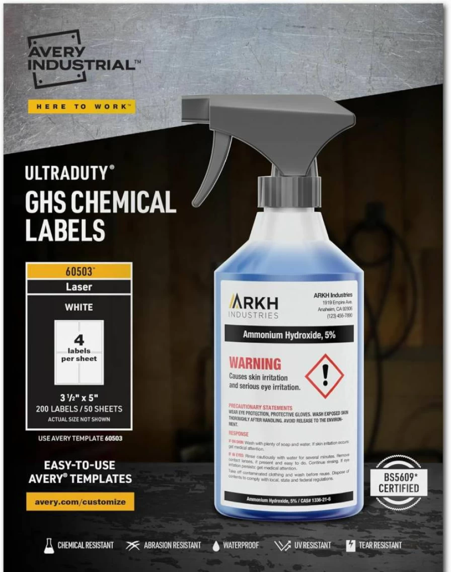 Avery 60503 Ultraduty GHS Chemical Labels - 3.5" x 5", Waterproof, UV Resistant, Laser Printer Compatible, 200-Pack