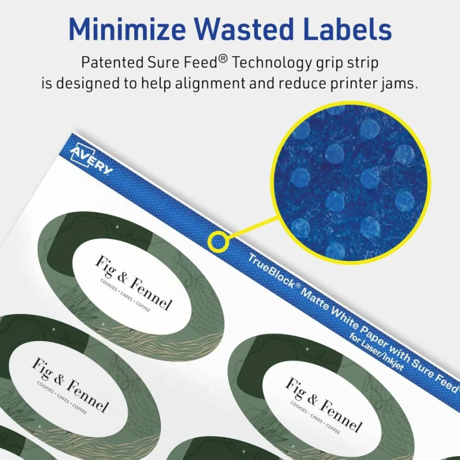 Avery Trueblock Matte White Oval Labels 1-1/8" x 2-1/4" - 210 Pack, Sure Feed Technology, Laser/Inkjet Printable, Print-to-Edge, Waterproof, for Packaging & Product Labeling