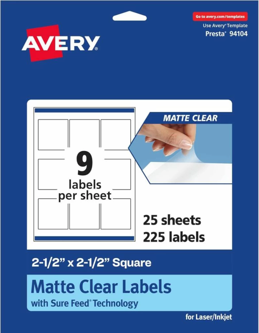 Avery Matte Clear Square Labels 2.5" x 2.5" - 90-Pack, Laser/Inkjet Printable, Sure Feed Technology, Durable Adhesive for Professional Use