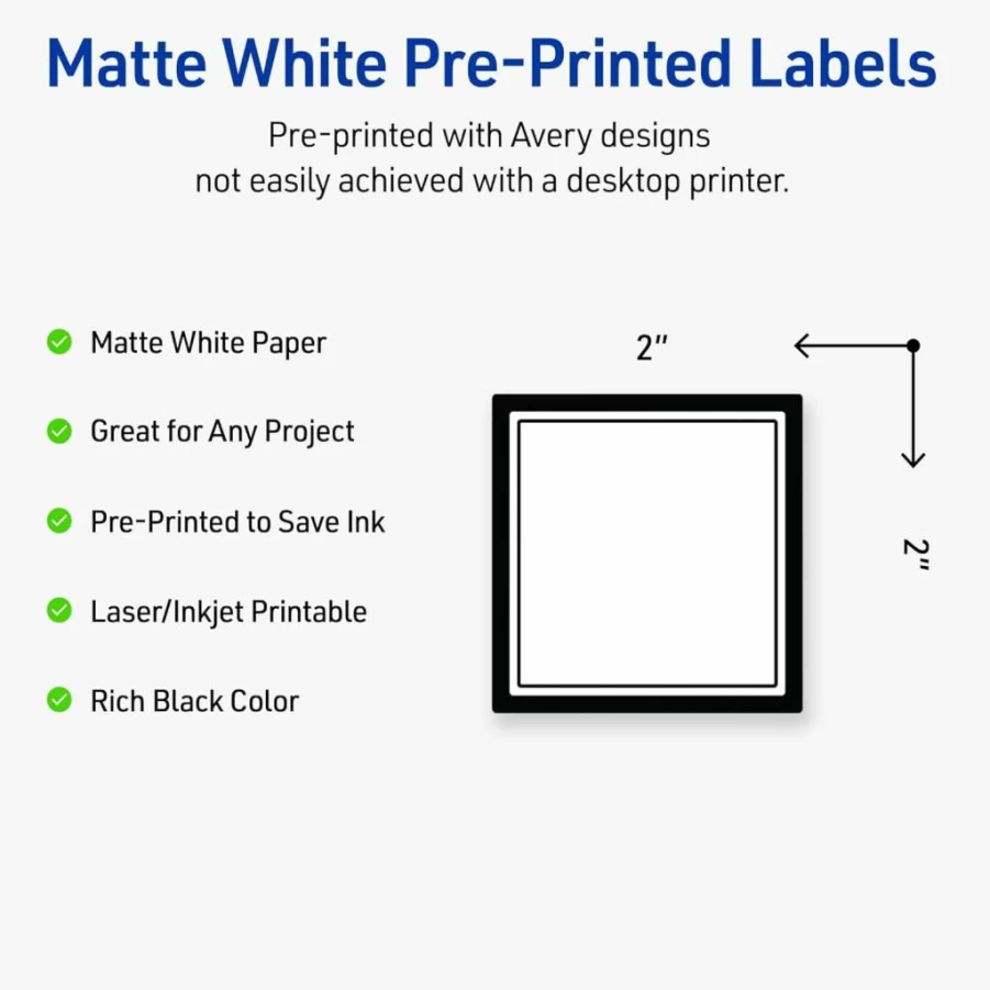 AVERY 2" x 2" Gold Edge Dots Printable Square Labels, Matte White Permanent Adhesive, 120 Count Pack, Laser/Inkjet Compatible for Product Labeling & Merchandising