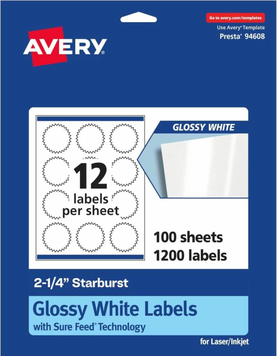 Avery Glossy White Starburst Labels 2.25" - 120 Pack, Sure Feed Technology, Print-To-The-Edge for Laser/Inkjet, Permanent Adhesive, High-Shine Labels for Professional Printing
