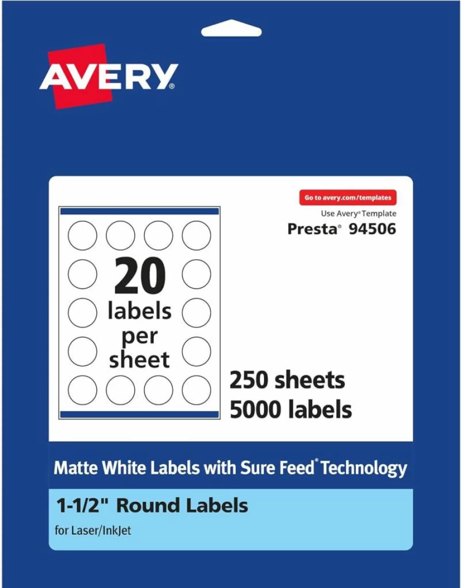 Avery 1.5" Round Matte White Labels, 500 Pack, Sure Feed Technology, Printable for Inkjet/Laser Printers