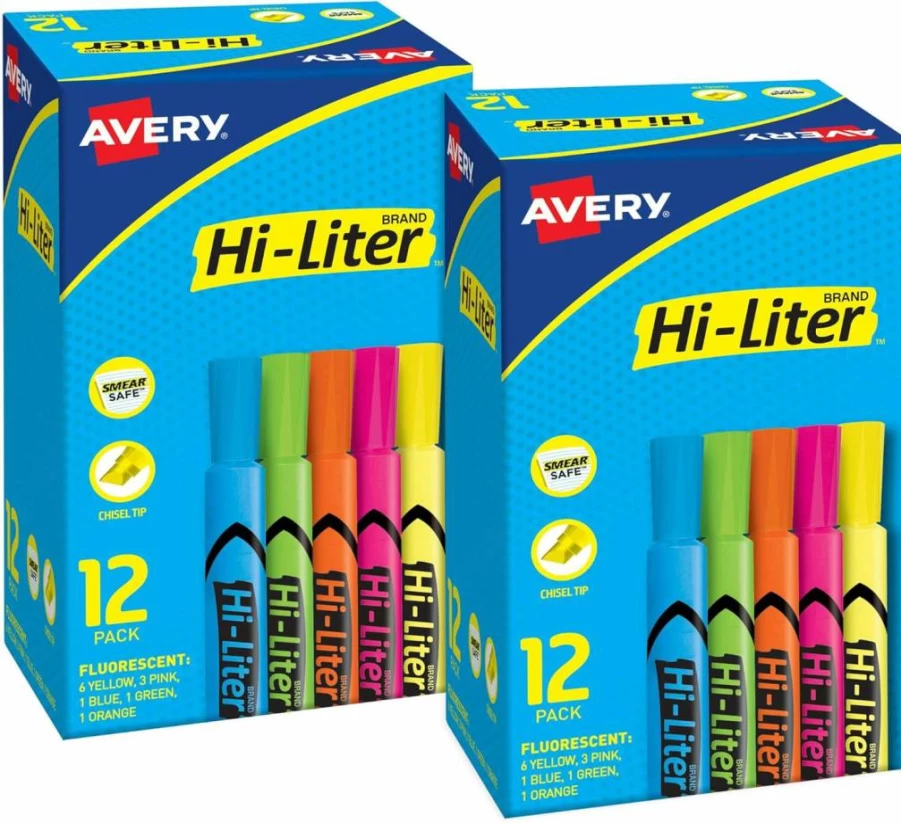 AVERY Smear Safe Chisel Tip Highlighters, 4 Assorted Colors, Desk-Style Hi-Liter Markers (24063)