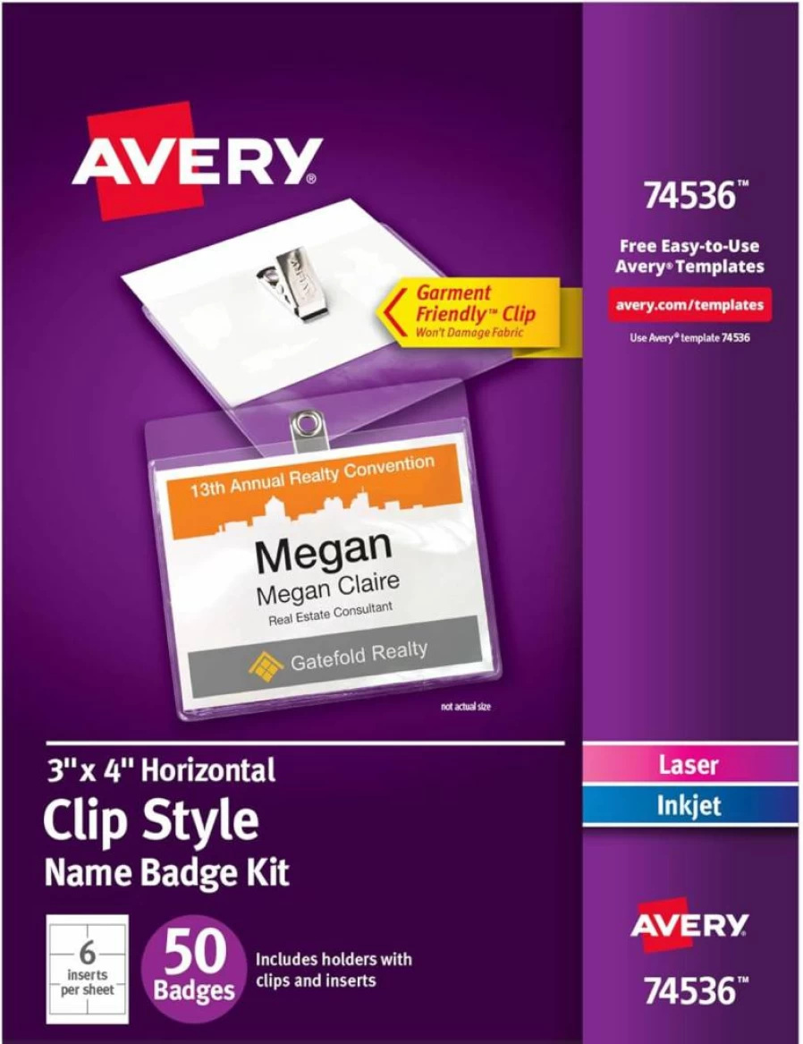 Avery 74536 Customizable Clip-On Name Badges, 3" x 4" Clear Plastic Holders with 50 White Printable Inserts for Laser/Inkjet Printing