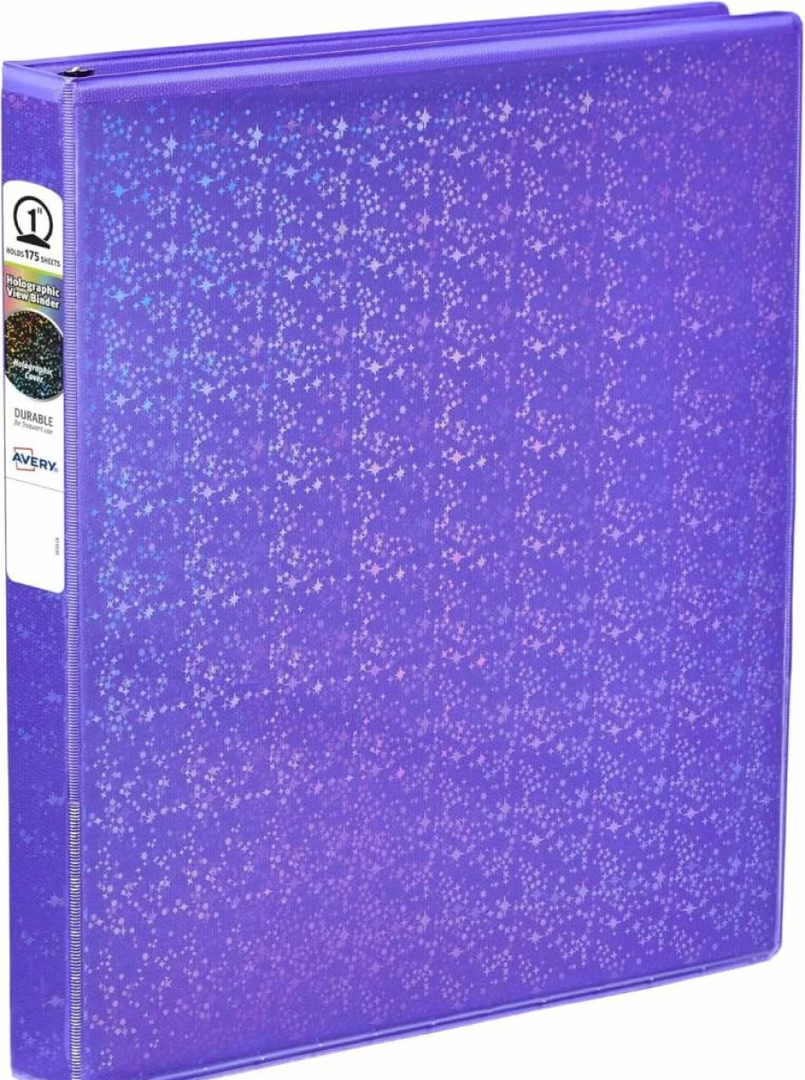 AVERY 03226 Holographic Violet 3-Ring Binder with Customizable Cover, 1 Inch Round Rings, Durable Luxury Binder for School or Office