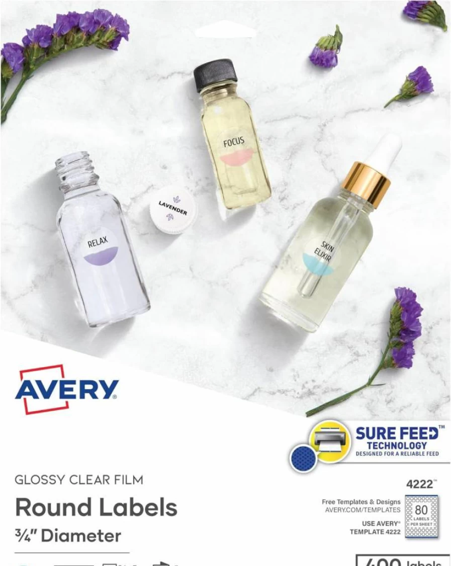 Avery 4222 Round Printable Labels, 3/4" Diameter, Glossy Clear, 400 Customizable Labels with Sure Feed Technology