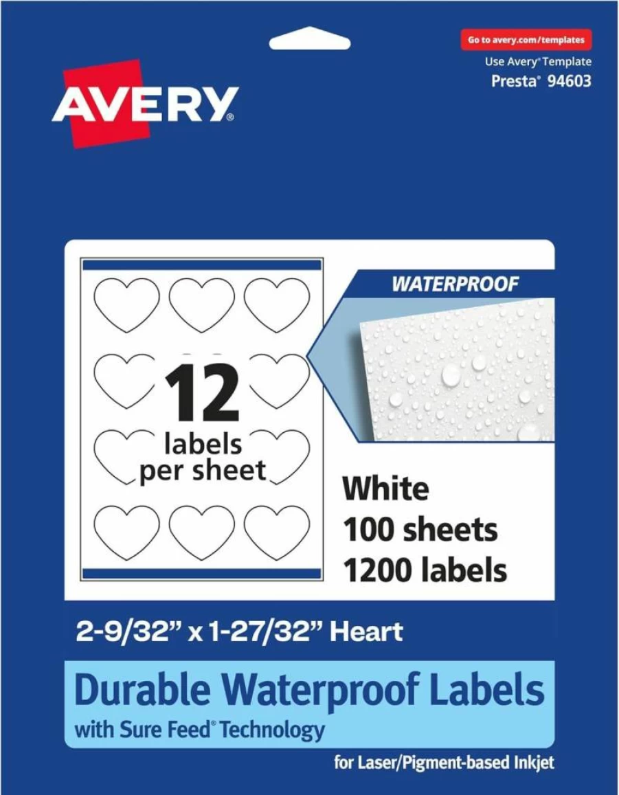 Avery Heart-Shaped Waterproof Labels, 2-9/32" x 1-27/32", 120-Pack, Tear & Oil Resistant, Laser/Inkjet Printable, Sure Feed Technology, Print-to-Edge Design