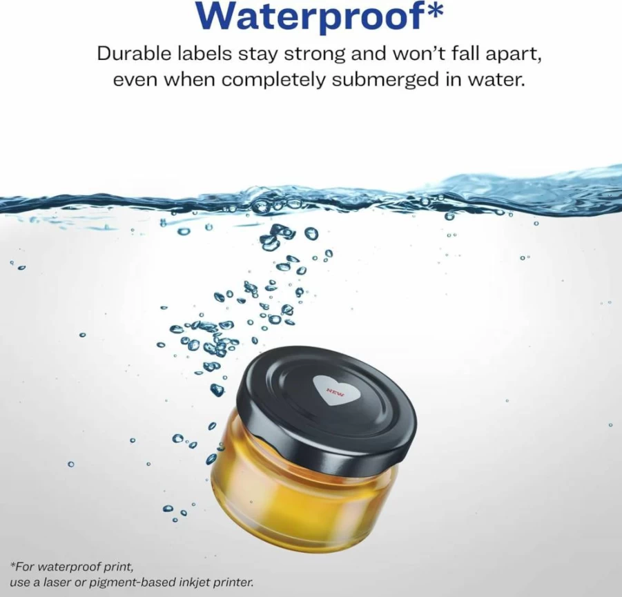 Avery Heart-Shaped Waterproof Labels, 2-9/32" x 1-27/32", 120-Pack, Tear & Oil Resistant, Laser/Inkjet Printable, Sure Feed Technology, Print-to-Edge Design