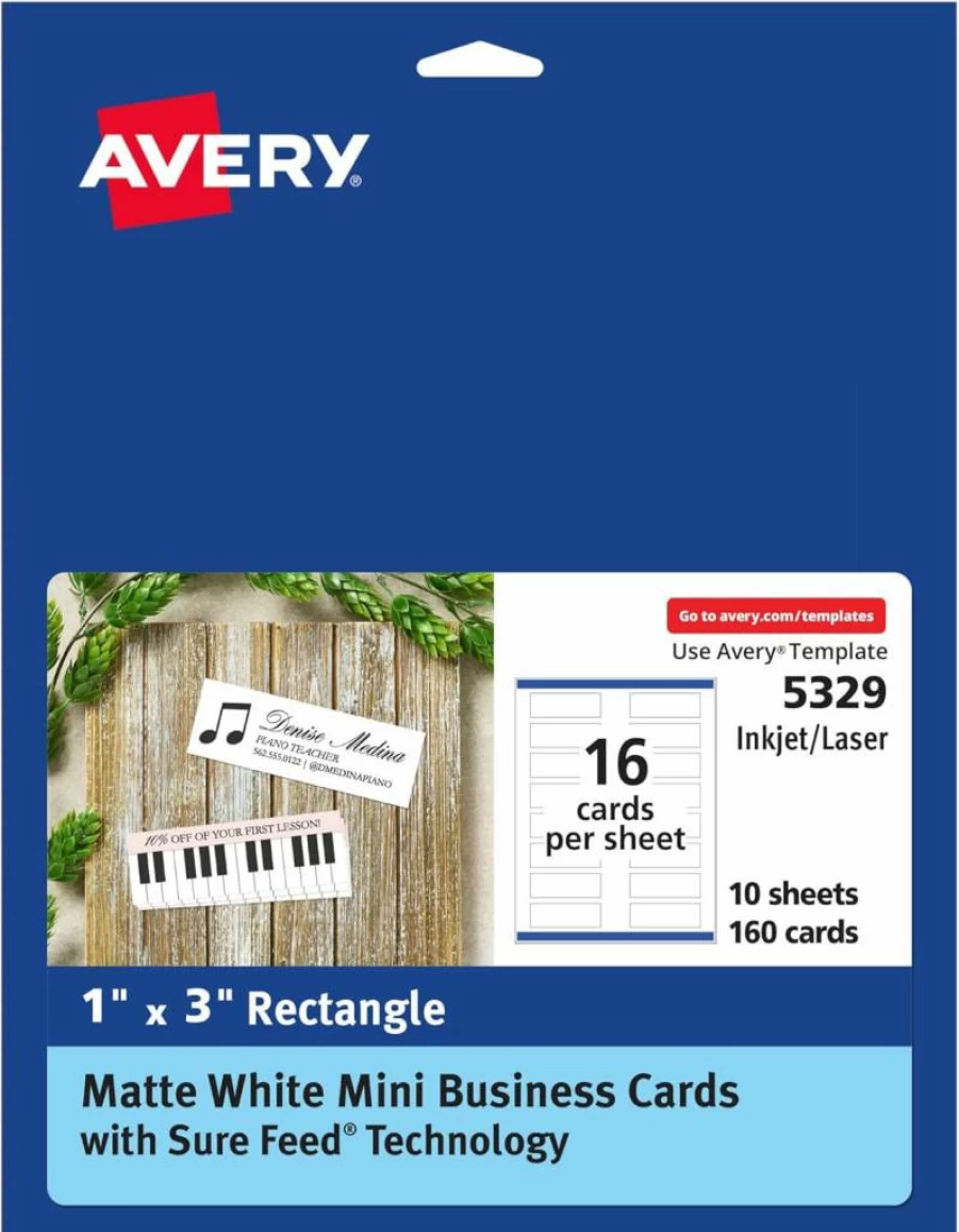 AVERY 5329 Matte White Mini Business Cards, 1" x 3", 160-Pack, Sure Feed Technology, Print-To-The-Edge, Compatible with Laser & Inkjet Printers