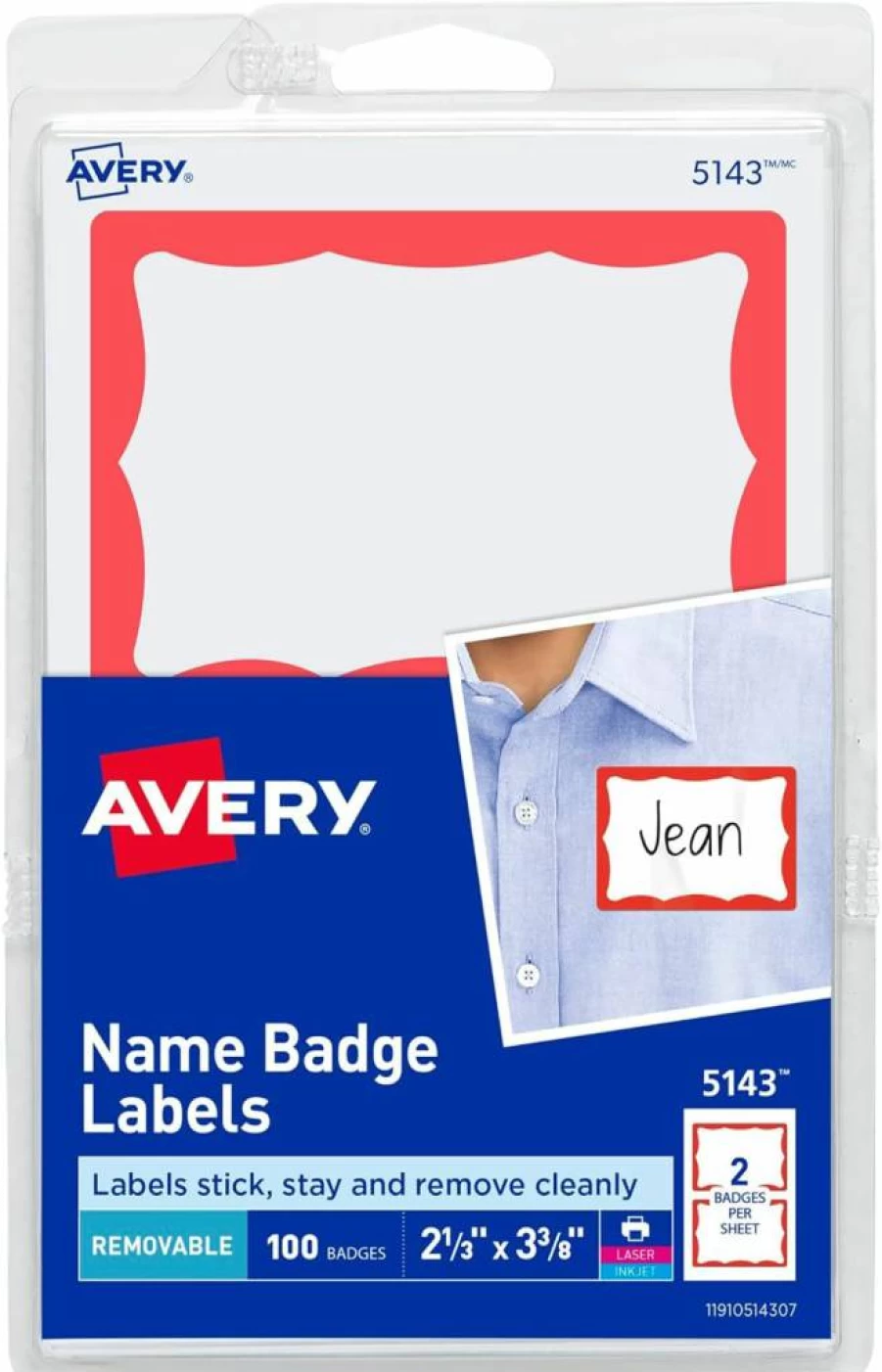 AVERY Removable Name Badges, 2.33" x 3.375" White with Blue Border, 600 Customizable Name Tags in 6 Packs (44144) for Events & Offices