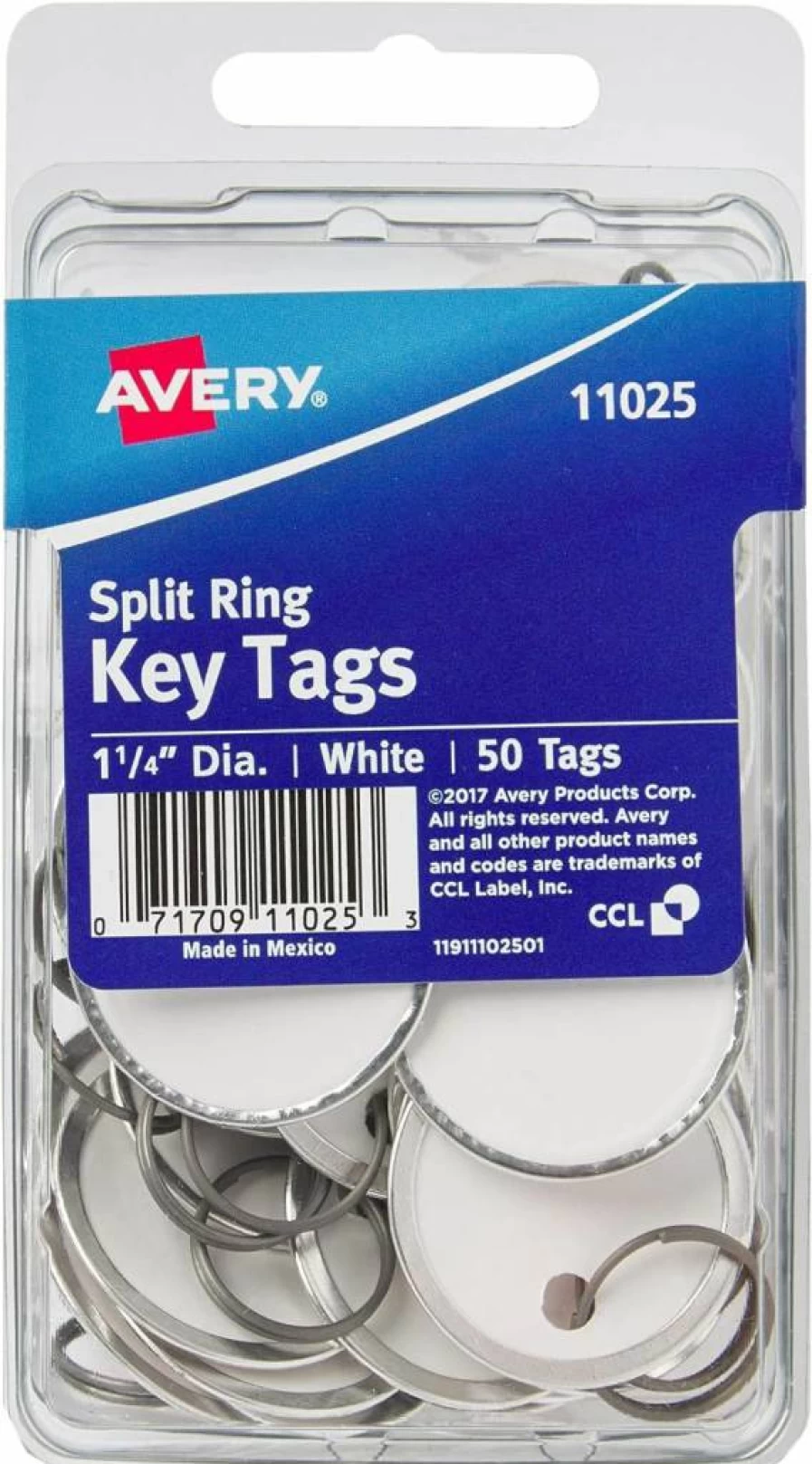 AVERY 13128 Metal Key Tags 6-Pack, 1.25 Inch Round White Keychain Labels with Split Rings, 300 Total Tags for Organization and Identification