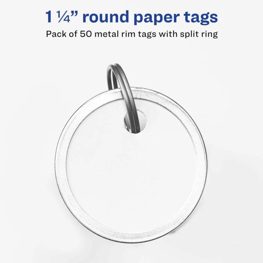 AVERY 13128 Metal Key Tags 6-Pack, 1.25 Inch Round White Keychain Labels with Split Rings, 300 Total Tags for Organization and Identification