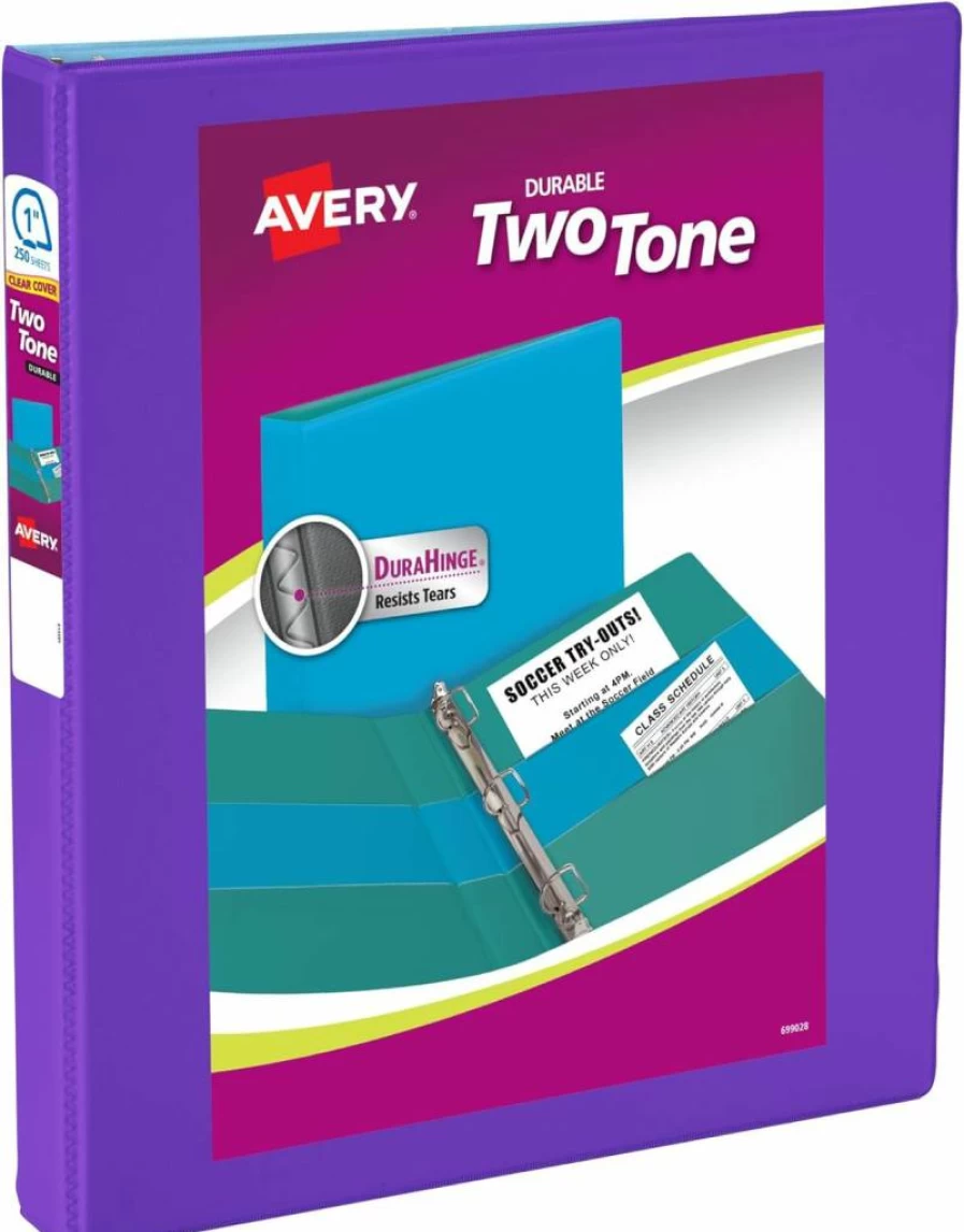Avery 1 Inch 3-Ring Binder, Two-Tone Violet and Soft Blue, Durable Slant Ring Binder for Office & School (17131)