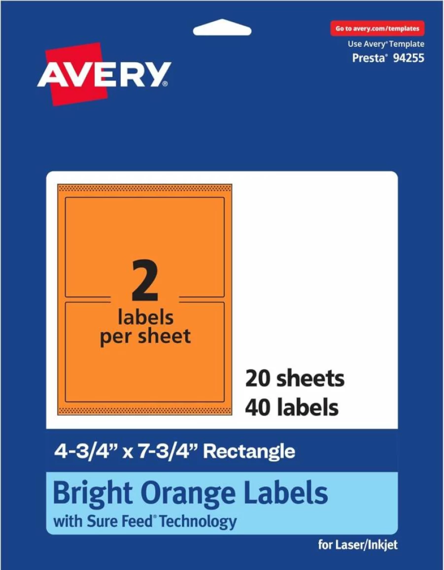 Avery Bright Orange Printable Labels 4.75" x 7.75" - Sure Feed, Laser/Inkjet Compatible, 20-Pack for Shipping & Packaging