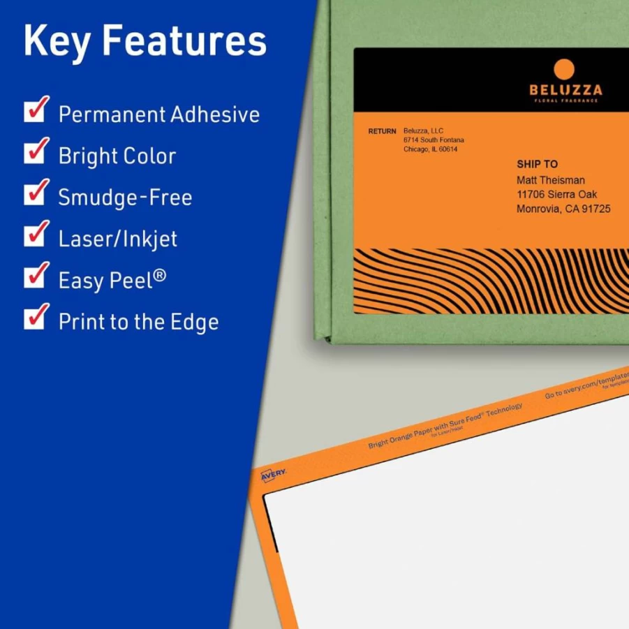 Avery Bright Orange Printable Labels 4.75" x 7.75" - Sure Feed, Laser/Inkjet Compatible, 20-Pack for Shipping & Packaging