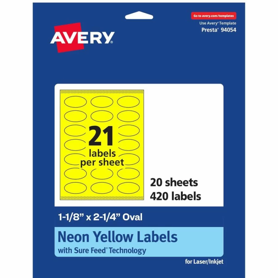 Avery Neon Yellow Printable Oval Labels, 1-1/8" x 2-1/4", Sure Feed Technology, Print-To-The-Edge for Laser/Inkjet, 210-Pack, Ideal for Soaps, Candles & Crafts