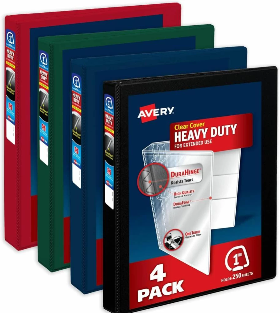 AVERY 1 Inch 3-Ring Binders, 4-Pack, Heavy-Duty DuraHinge, 250-Sheet Capacity, One-Touch Slant Rings, Customizable Clear Cover, Pastel Colors (79631)