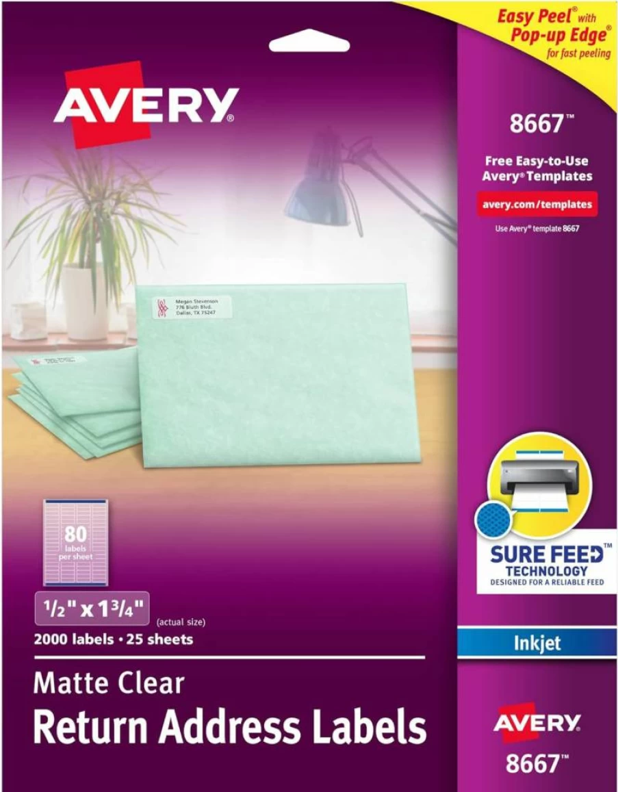 AVERY 8667 Matte Clear Return Address Labels for Inkjet Printers, 1/2" x 1-3/4", 2000 Labels in 5 Packs, Sure Feed Technology