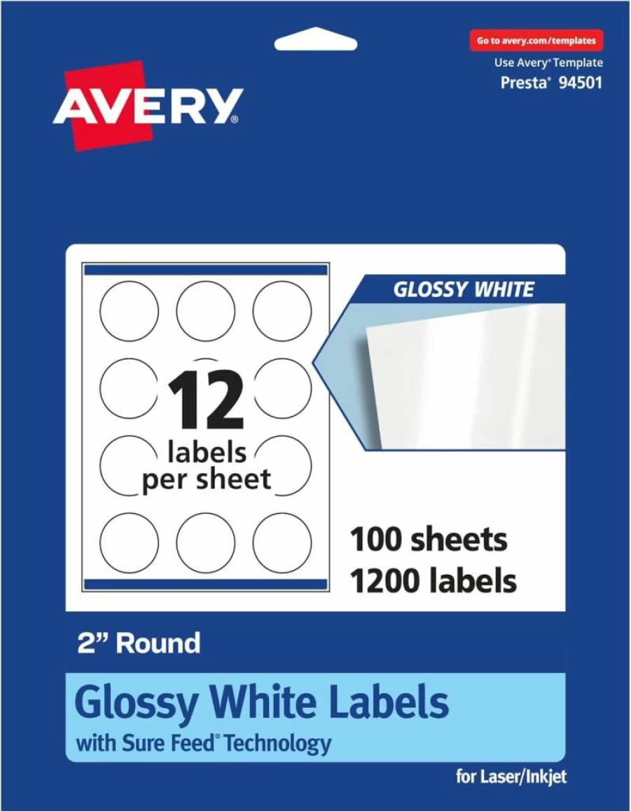 AVERY 2" Round Waterproof Labels, 300 Pack, Sure Feed Technology, Oil & Tear-Resistant, Laser/Inkjet Printable, Print-To-The-Edge Durable Labels