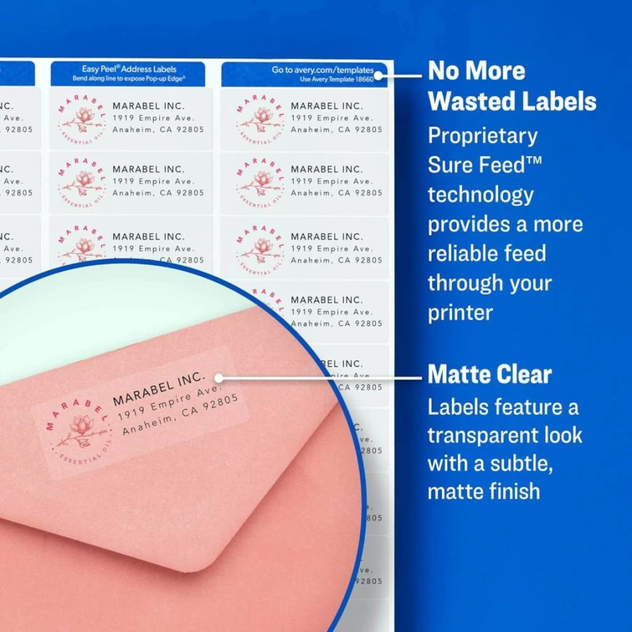 Avery 18863 Printable Shipping Labels, 2" x 4" Matte Clear Mailing Labels, 100 Blank Labels with Sure Feed Technology