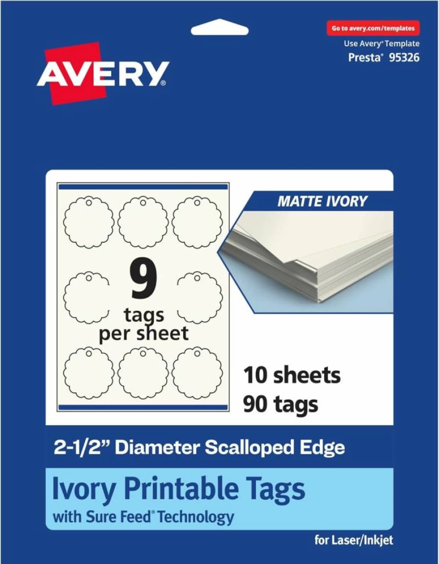 AVERY Printable Round Scalloped Tags, 2-1/2" Matte Ivory Cardstock, 225-Pack, Sure Feed Technology for Laser/Inkjet Printing, Custom Gift & Branding Labels