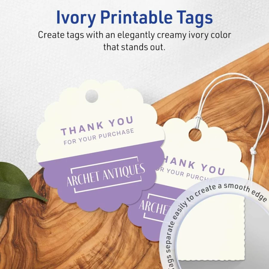 AVERY Printable Round Scalloped Tags, 2-1/2" Matte Ivory Cardstock, 225-Pack, Sure Feed Technology for Laser/Inkjet Printing, Custom Gift & Branding Labels