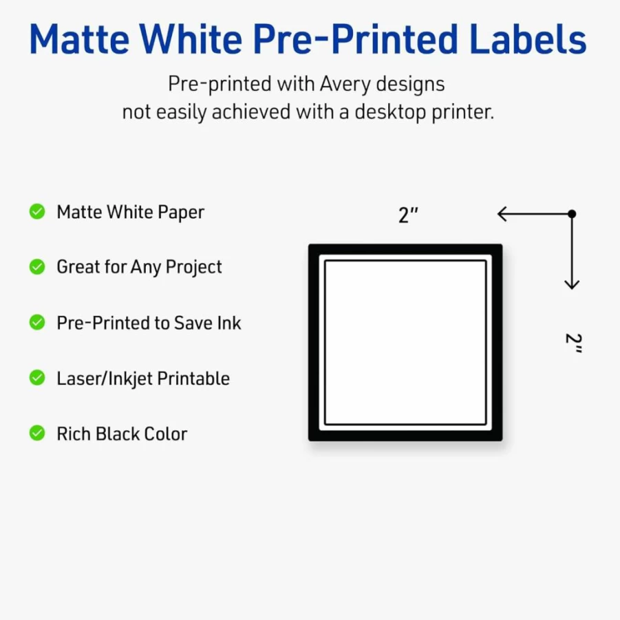 AVERY 2" x 2" Matte White Printable Square Labels with Gold & Navy Floral Border, Permanent Adhesive, 120 Count for Laser/Inkjet Printers, Ideal for Product Branding & Merchandising