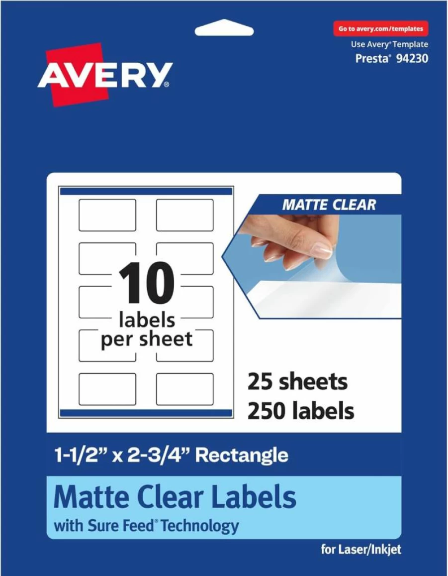 Avery Matte Clear Rectangle Labels 1.5" x 2.75" - 100 Pack, Sure Feed Technology, Print-To-The-Edge, Laser/Inkjet Printable, Durable Adhesive