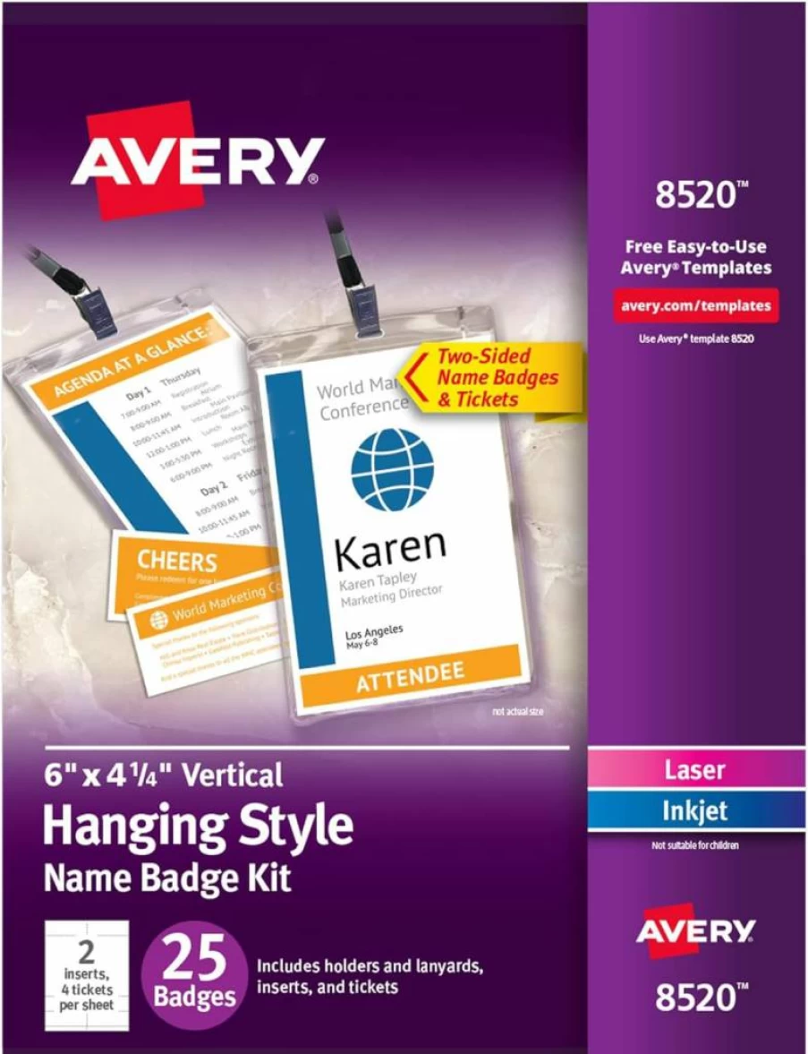 Avery 8520 Customizable Name Badges with Printable Inserts, 25 Vertical Name Tag Holders & Lanyards, 6" x 4.25" for Laser/Inkjet Printing