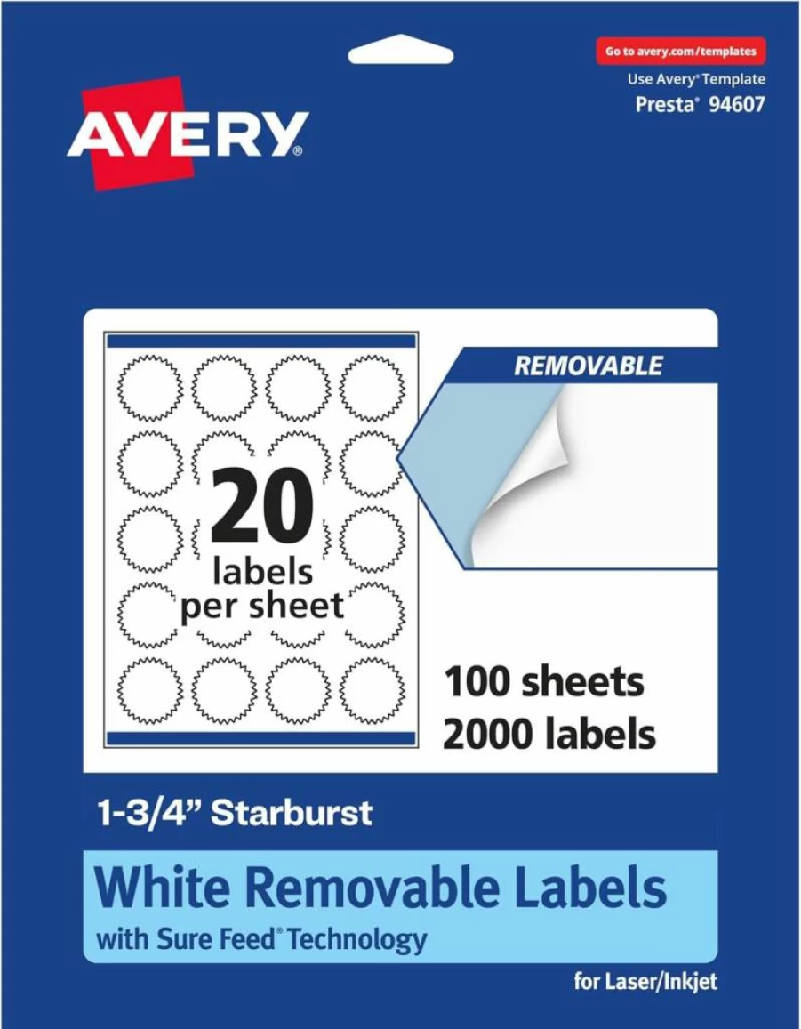 Avery Matte White Removable Starburst Labels, 1.75" Round, Sure Feed for Laser/Inkjet Printers, Print to Edge, 300/Pack (Removable Adhesive)