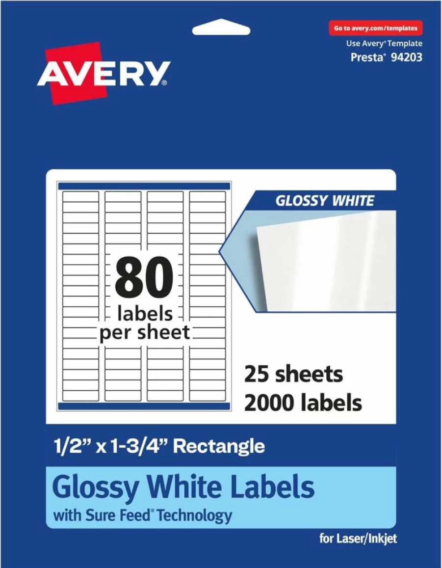 Avery 36445 Glossy White Rectangle Labels, 0.5" x 1.75", 400 Pack, Sure Feed Technology for Laser/Inkjet Printers