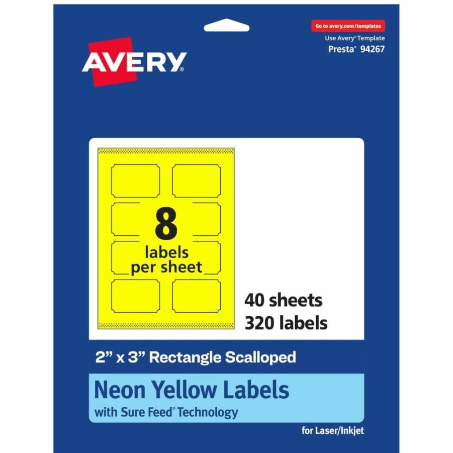 Avery Neon Yellow Printable Scalloped Labels 2" x 3" - 80 Pack, Sure Feed Technology, Laser/Inkjet Compatible, Print-To-The-Edge for Mailing & Candles