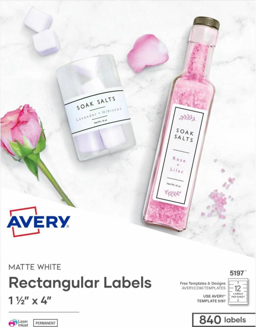 AVERY Matte White Printable Labels 1.5" x 4" - 840 Customizable Rectangle Stickers for Laser & Inkjet Printers (5197)