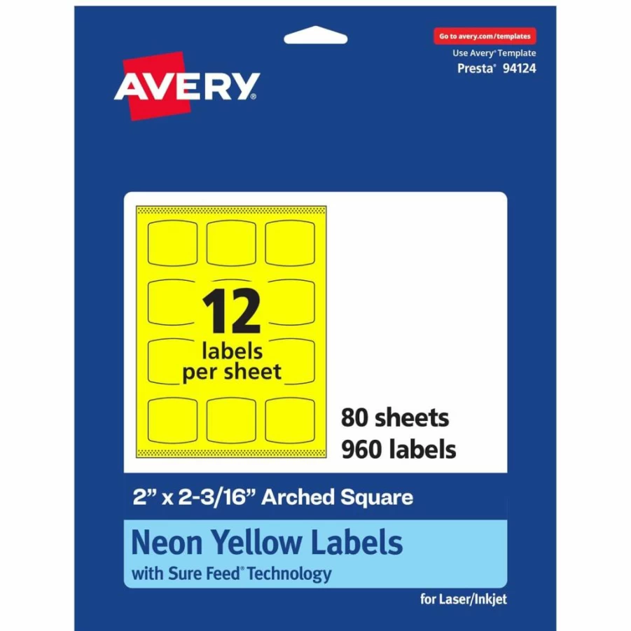 AVERY Neon Yellow Printable Arched Square Labels, 2" x 2-3/16", Sure Feed Technology, 240-Pack, Laser/Inkjet Compatible, Print-To-The-Edge for Cosmetics & Soaps