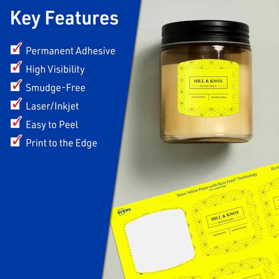 AVERY Neon Yellow Printable Arched Square Labels, 2" x 2-3/16", Sure Feed Technology, 240-Pack, Laser/Inkjet Compatible, Print-To-The-Edge for Cosmetics & Soaps