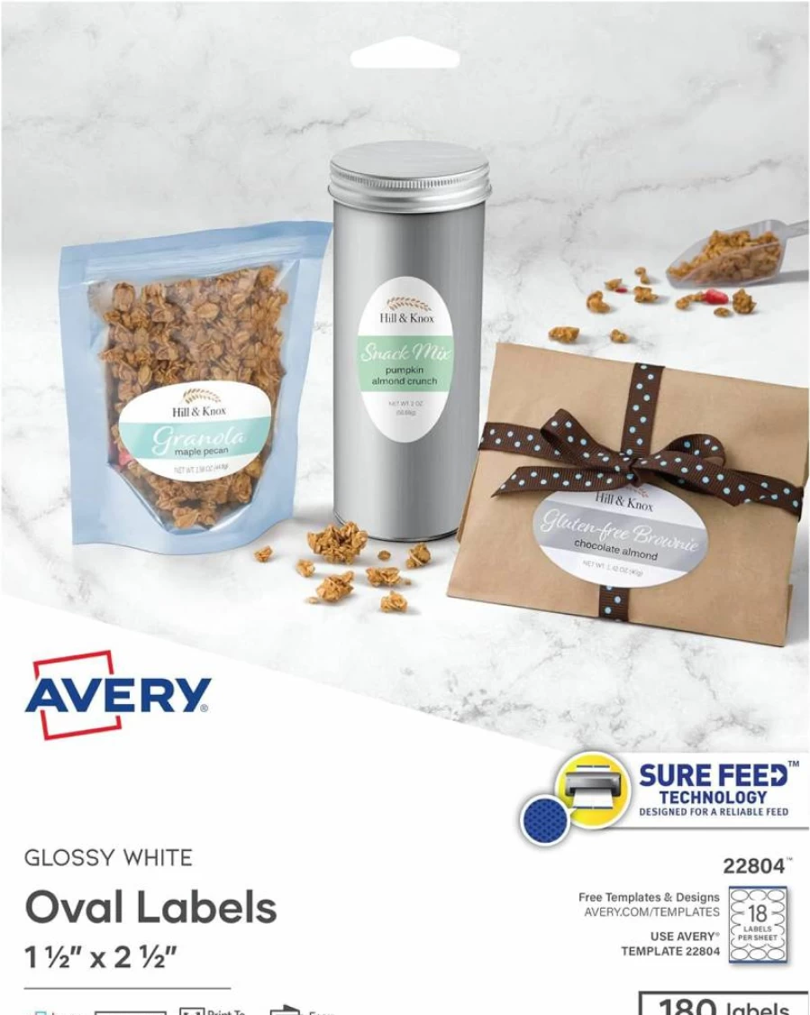 AVERY 22804 Glossy White Printable Oval Labels, 1.5" x 2.5", 180 Customizable Stickers for DIY & Organization