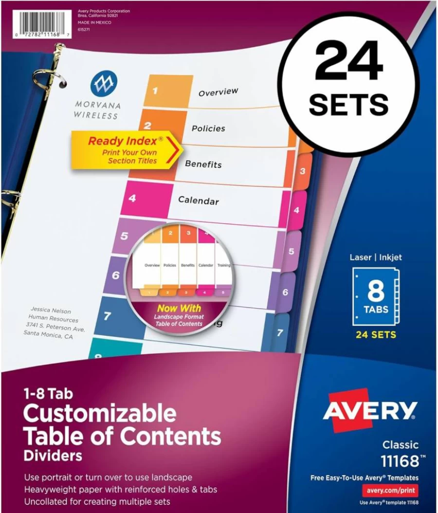 Avery 11168 Customizable 8-Tab Dividers for 3-Ring Binders, 24 Sets with Multicolor Tabs and Table of Contents