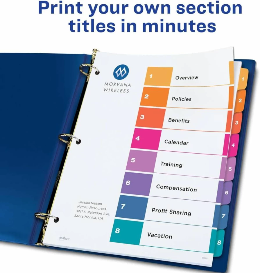 Avery 11168 Customizable 8-Tab Dividers for 3-Ring Binders, 24 Sets with Multicolor Tabs and Table of Contents