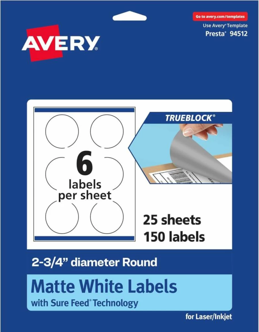 Avery Trueblock Round Labels 2.75" Diameter, 60-Pack Matte White, Sure Feed Technology, Laser/Inkjet Printable, Print-To-The-Edge for Packaging & Product Merchandising