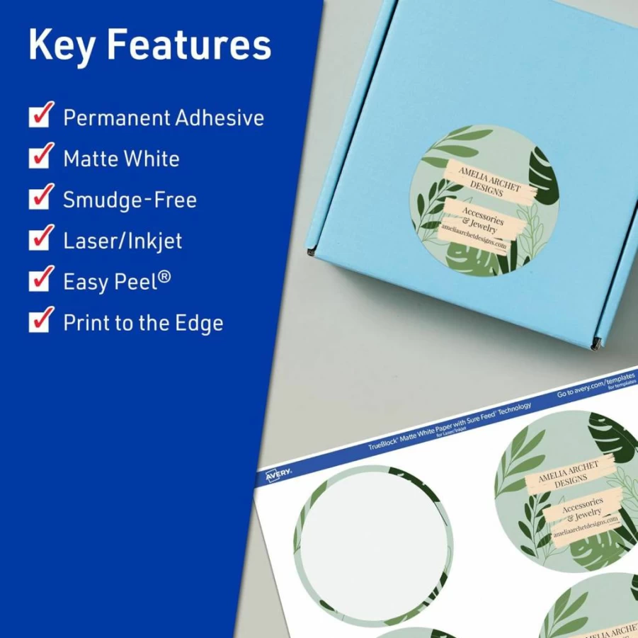 Avery Trueblock Round Labels 2.75" Diameter, 60-Pack Matte White, Sure Feed Technology, Laser/Inkjet Printable, Print-To-The-Edge for Packaging & Product Merchandising