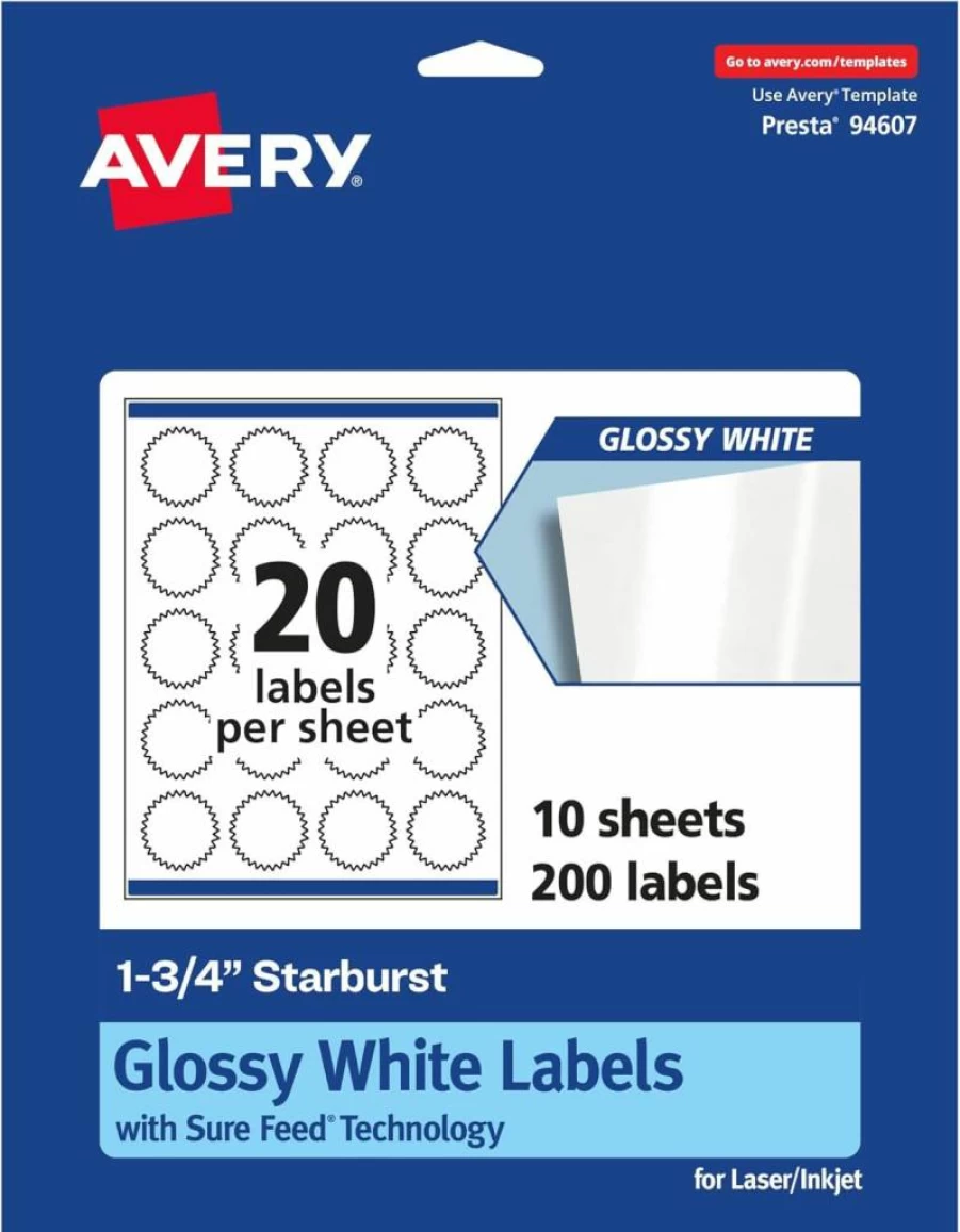 Avery Glossy White Starburst Labels 1.75" - 200 Pack, Sure Feed Technology, Print-To-The-Edge for Laser/Inkjet, Permanent Adhesive, High-Quality Glossy Finish