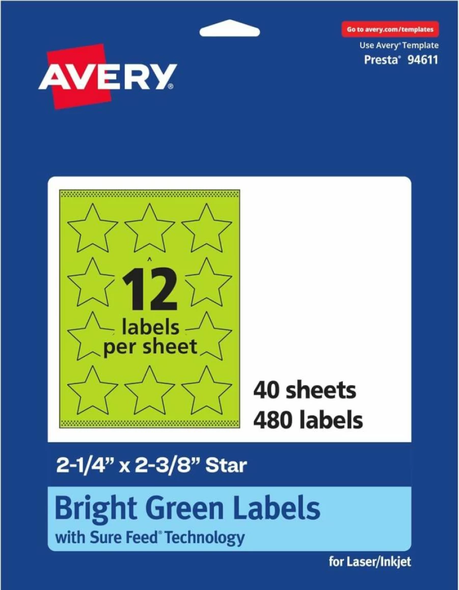 Avery Bright Green Printable Star Labels, 2-1/4" x 2-3/8", Sure Feed Technology, 120-Pack for Laser/Inkjet Printing, Ideal for Reward Stickers & Mailing Seals