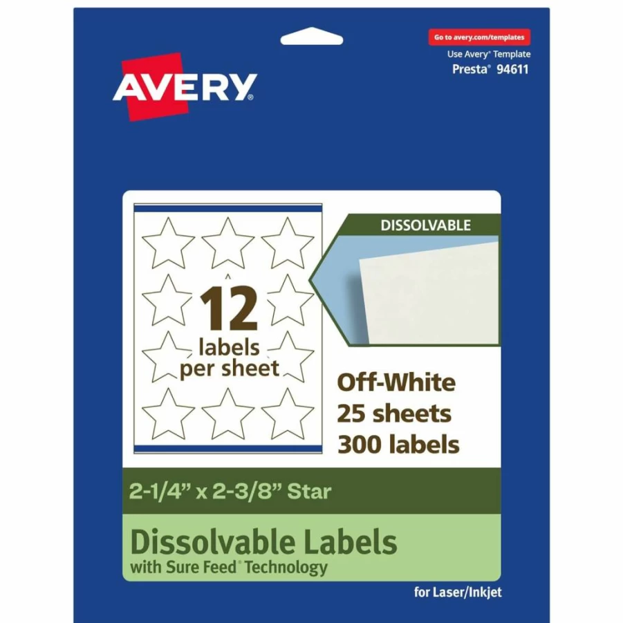 AVERY Dissolvable Star Labels, 2-1/4" x 2-3/8" Matte White, Laser/Inkjet Printable, Sure Feed Technology, 300 Adhesive Labels for Easy Removal