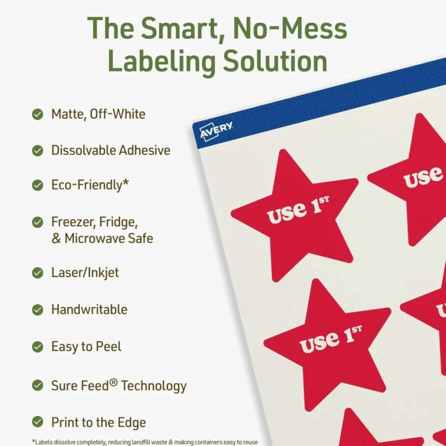 AVERY Dissolvable Star Labels, 2-1/4" x 2-3/8" Matte White, Laser/Inkjet Printable, Sure Feed Technology, 300 Adhesive Labels for Easy Removal