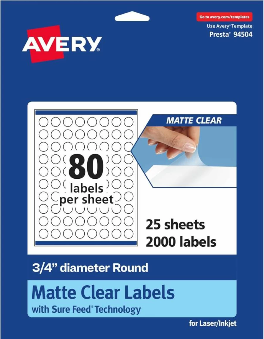 Avery Matte Clear Round Labels 0.75" - 800 Pack, Sure Feed Technology, Print-To-The-Edge, Laser/Inkjet Printable, Waterproof Matte Finish