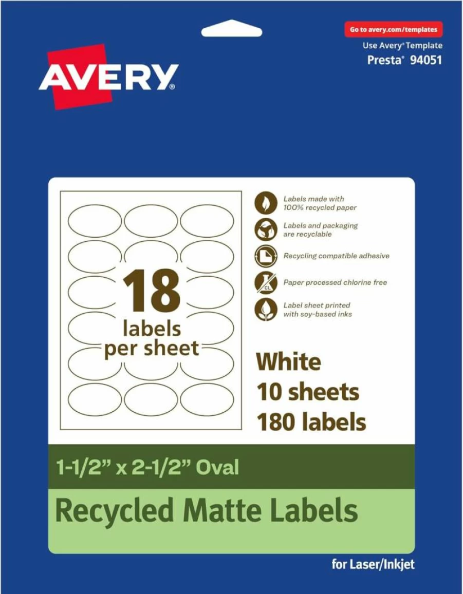 Avery Recycled Matte White Oval Labels 1.5" x 2.5" - Eco-Friendly Permanent Adhesive, Laser/Inkjet Printable, 450 Count