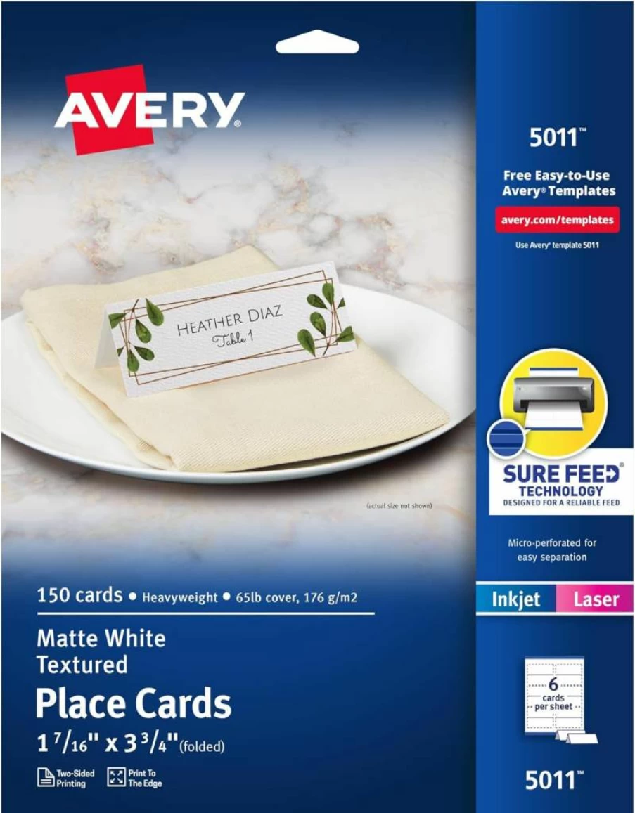 AVERY 35701 Gold Border Printable Place Cards, 150 Blank Tent Cards for Laser/Inkjet Printers, 1-7/16" x 3-3/4", White with Sure Feed Technology