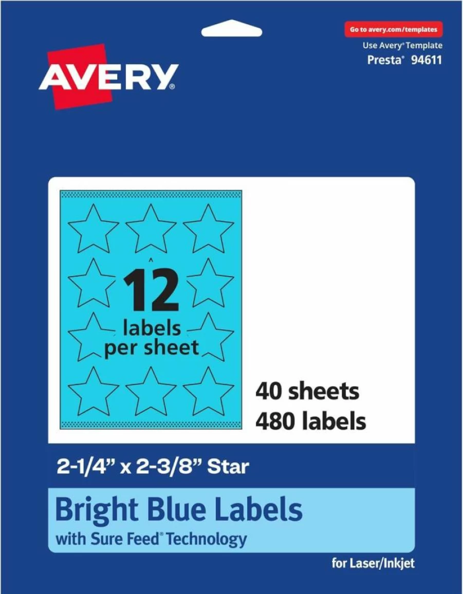 AVERY Bright Blue Printable Star Labels, 2-1/4" X 2-3/8", Sure Feed Technology, 120 Pack for Laser/Inkjet Printing, Perfect for Reward Stickers & Mailing Seals
