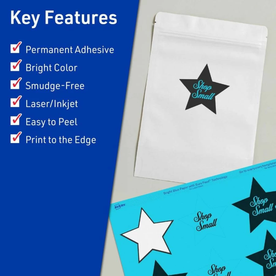 AVERY Bright Blue Printable Star Labels, 2-1/4" X 2-3/8", Sure Feed Technology, 120 Pack for Laser/Inkjet Printing, Perfect for Reward Stickers & Mailing Seals