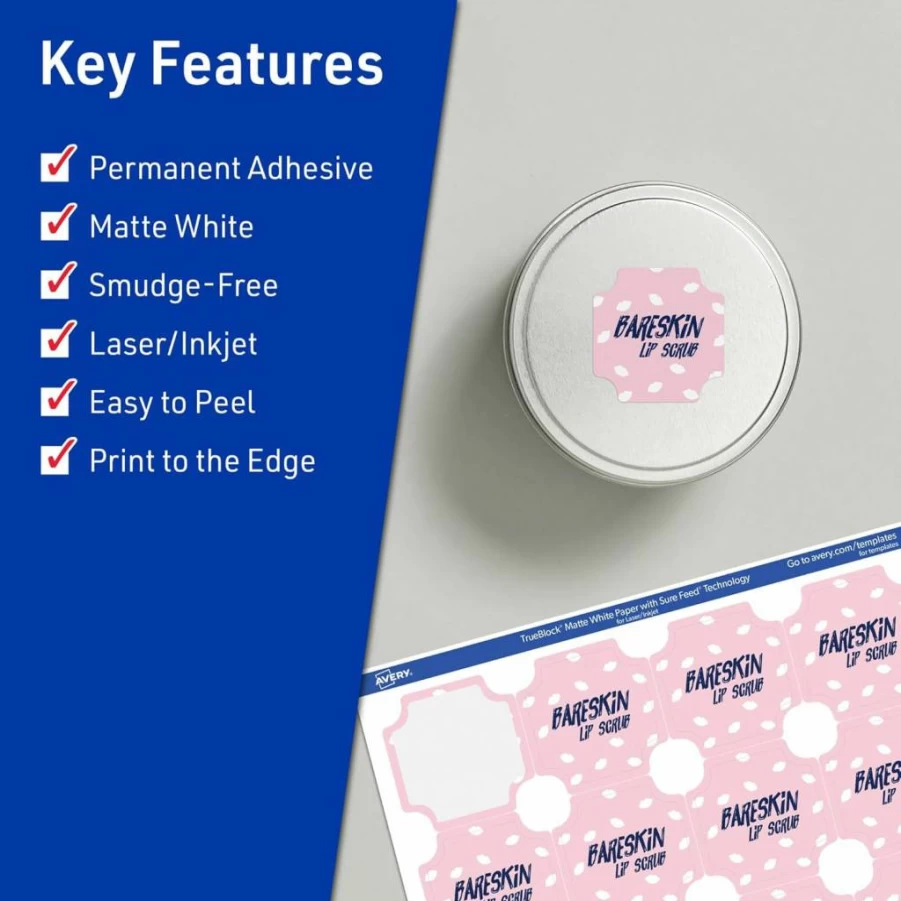 AVERY Trueblock Matte White Scalloped Labels 1-5/8" x 1-5/8" - 200 Pack, Sure Feed Technology, Print-to-Edge for Laser/Inkjet, Ideal for Product & Packaging Labels